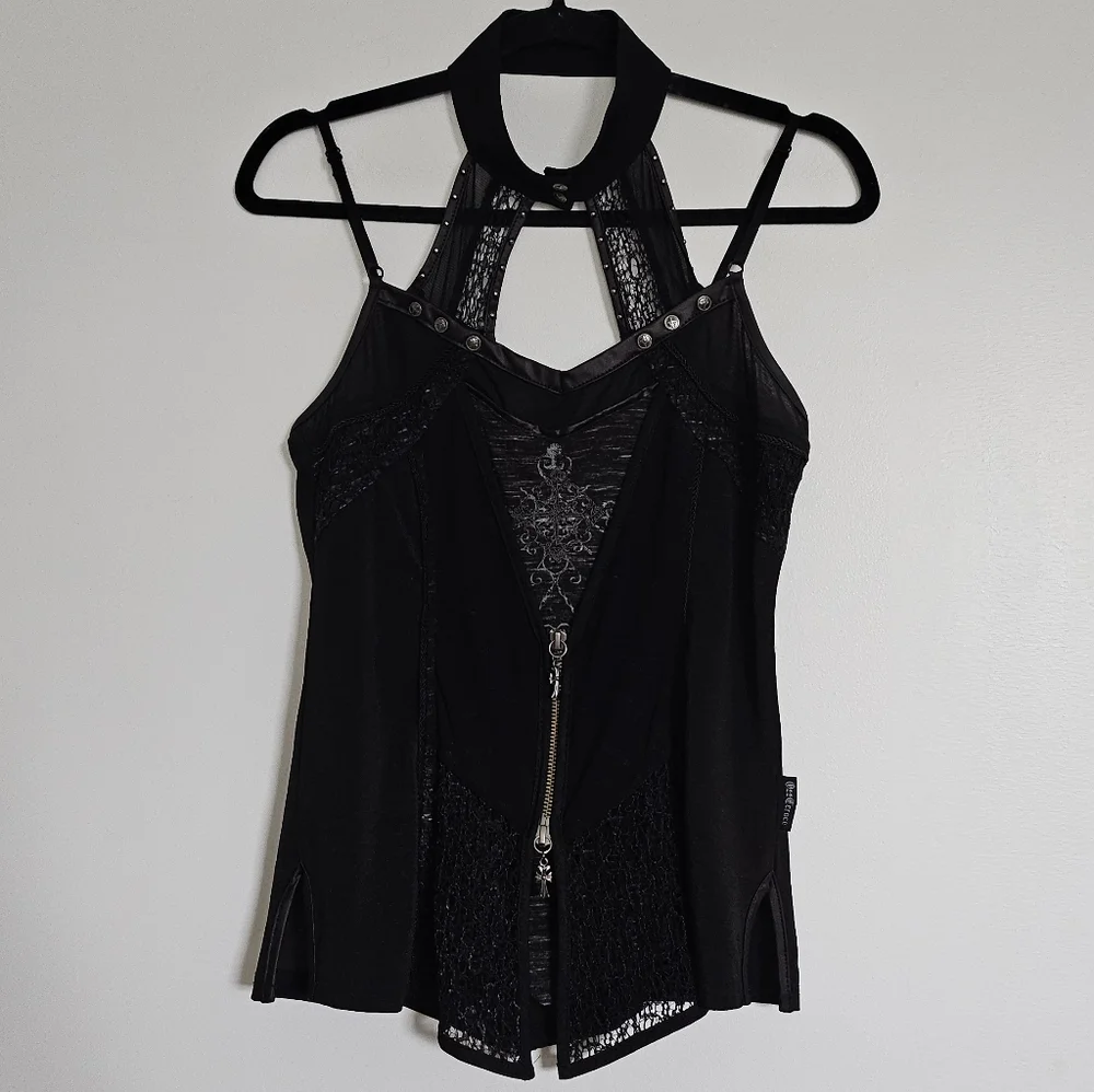 Ozzon Japan Ozz Croce Black Gothic High Neck Layered Top Silver Crosses And Lace - Picture 9 of 11